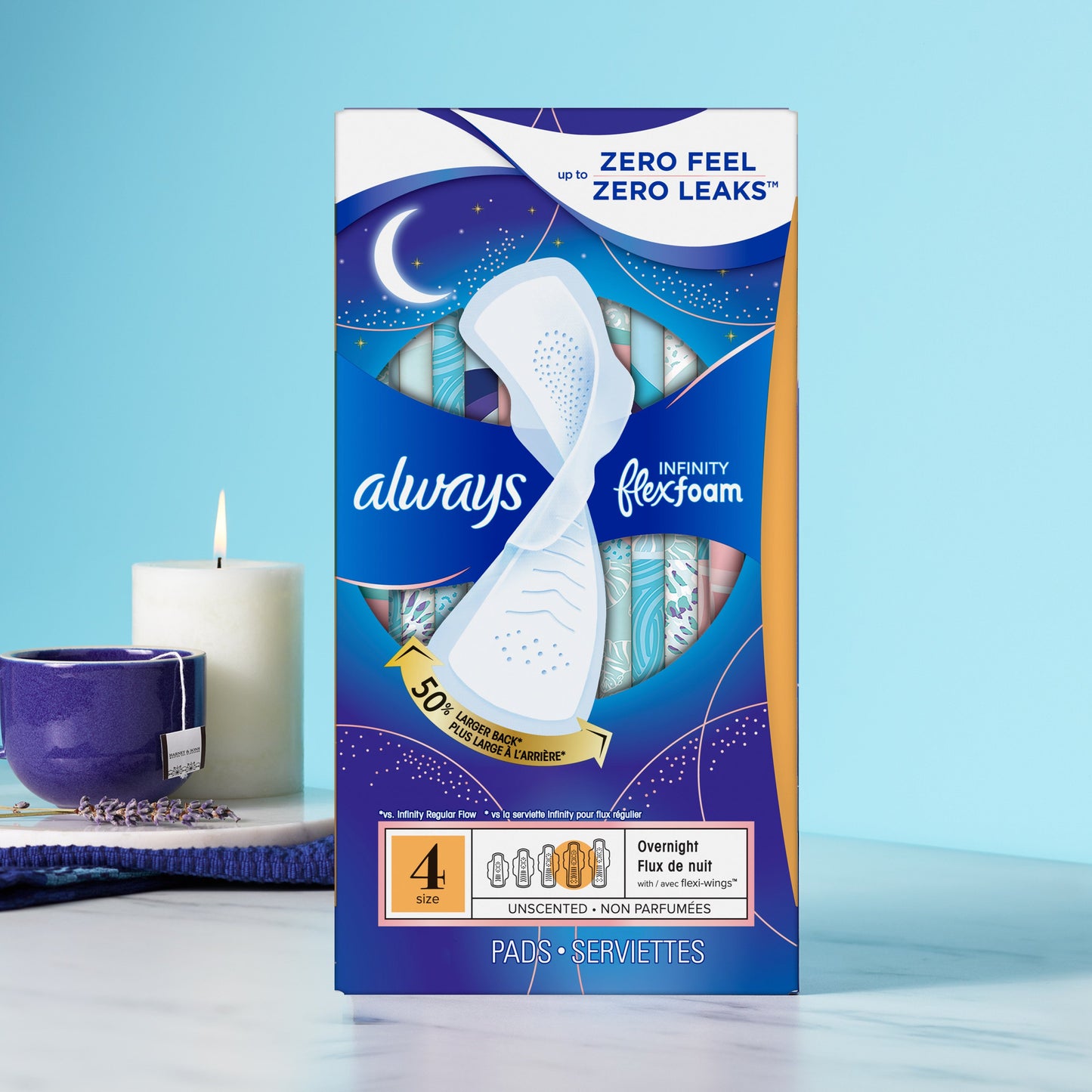 Always Infinity FlexFoam Pads Overnight Absorbency, with Wings Unscented Size 4