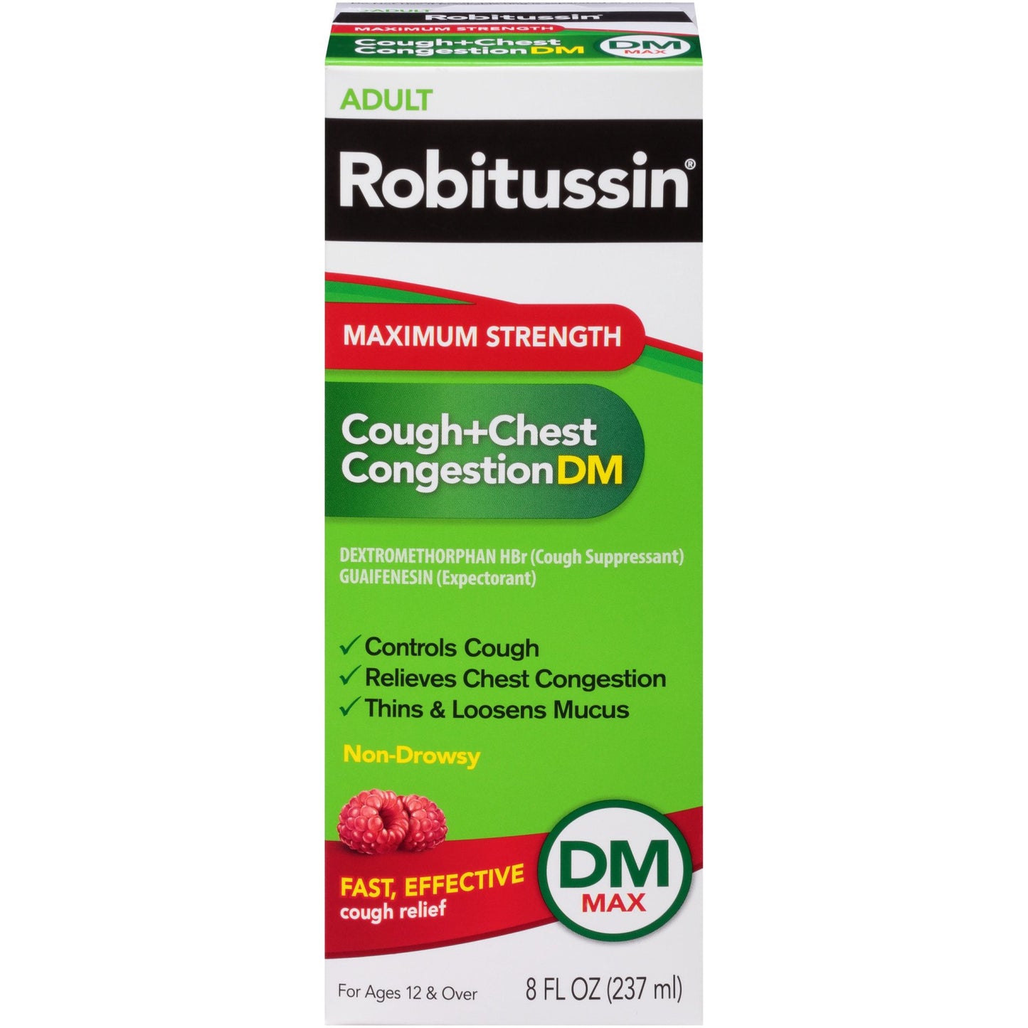 Robitussin Adult Maximum Strength Cough + Chest Congestion DM Max, Cough Suppressant & Expectorant, Raspberry Flavor
