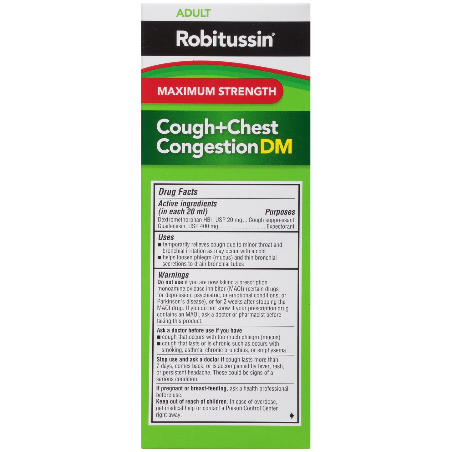 Robitussin Adult Maximum Strength Cough + Chest Congestion DM Max, Cough Suppressant & Expectorant, Raspberry Flavor