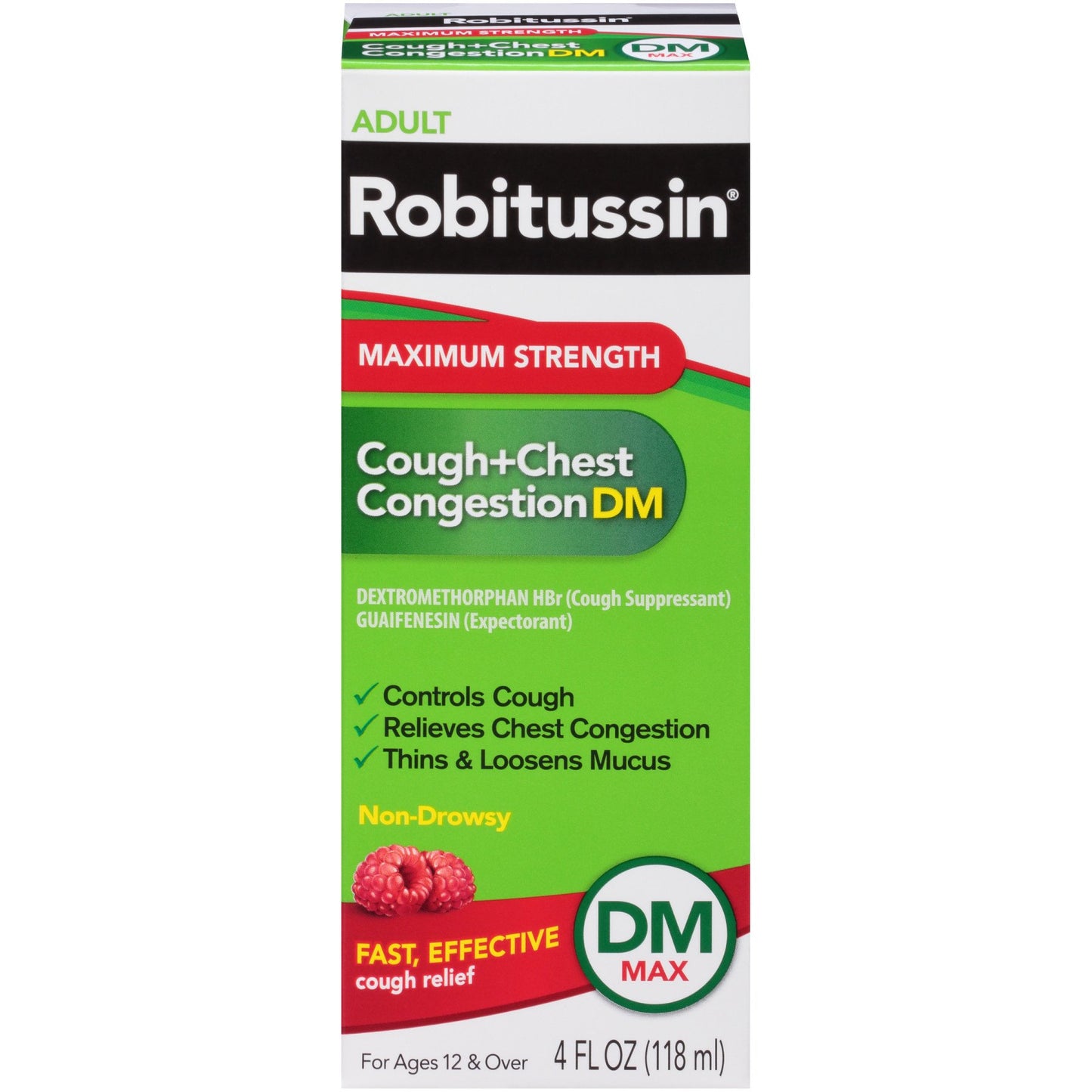 Robitussin Adult Maximum Strength Cough + Chest Congestion DM Max (4 fl. oz. Bottle), Cough Suppressant & Expectorant, Raspberry Flavor