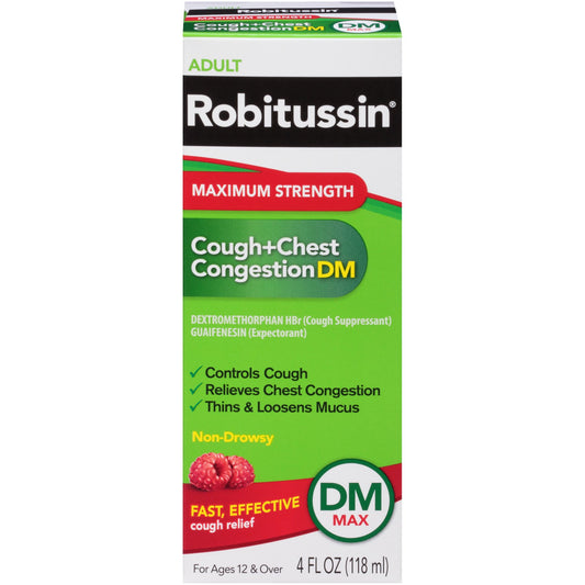 Robitussin Adult Maximum Strength Cough + Chest Congestion DM Max (4 fl. oz. Bottle), Cough Suppressant & Expectorant, Raspberry Flavor