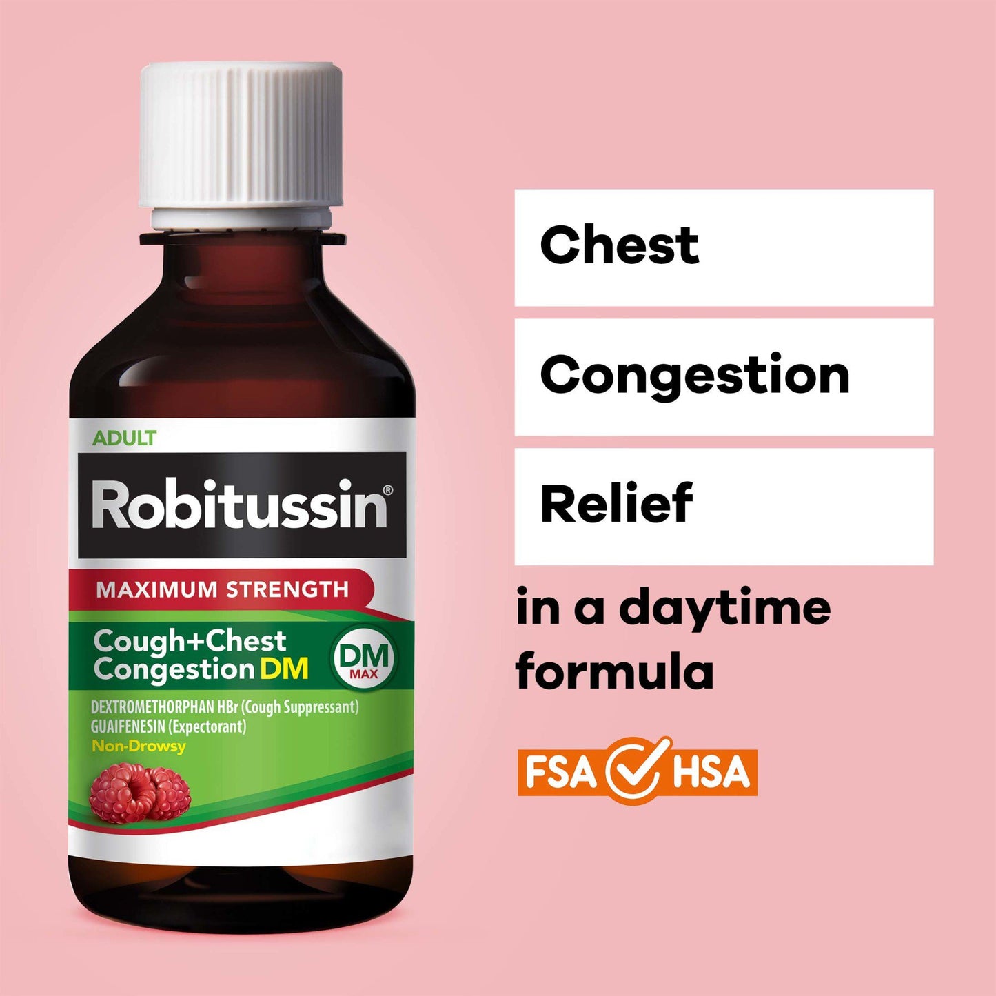 Robitussin Adult Maximum Strength Cough + Chest Congestion DM Max (4 fl. oz. Bottle), Cough Suppressant & Expectorant, Raspberry Flavor