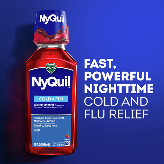 Vicks NyQuil Cold & Flu Relief Liquid Over-the-Counter Medicine, Powerful Multi-Symptom Nighttime Relief, Cherry Flavor