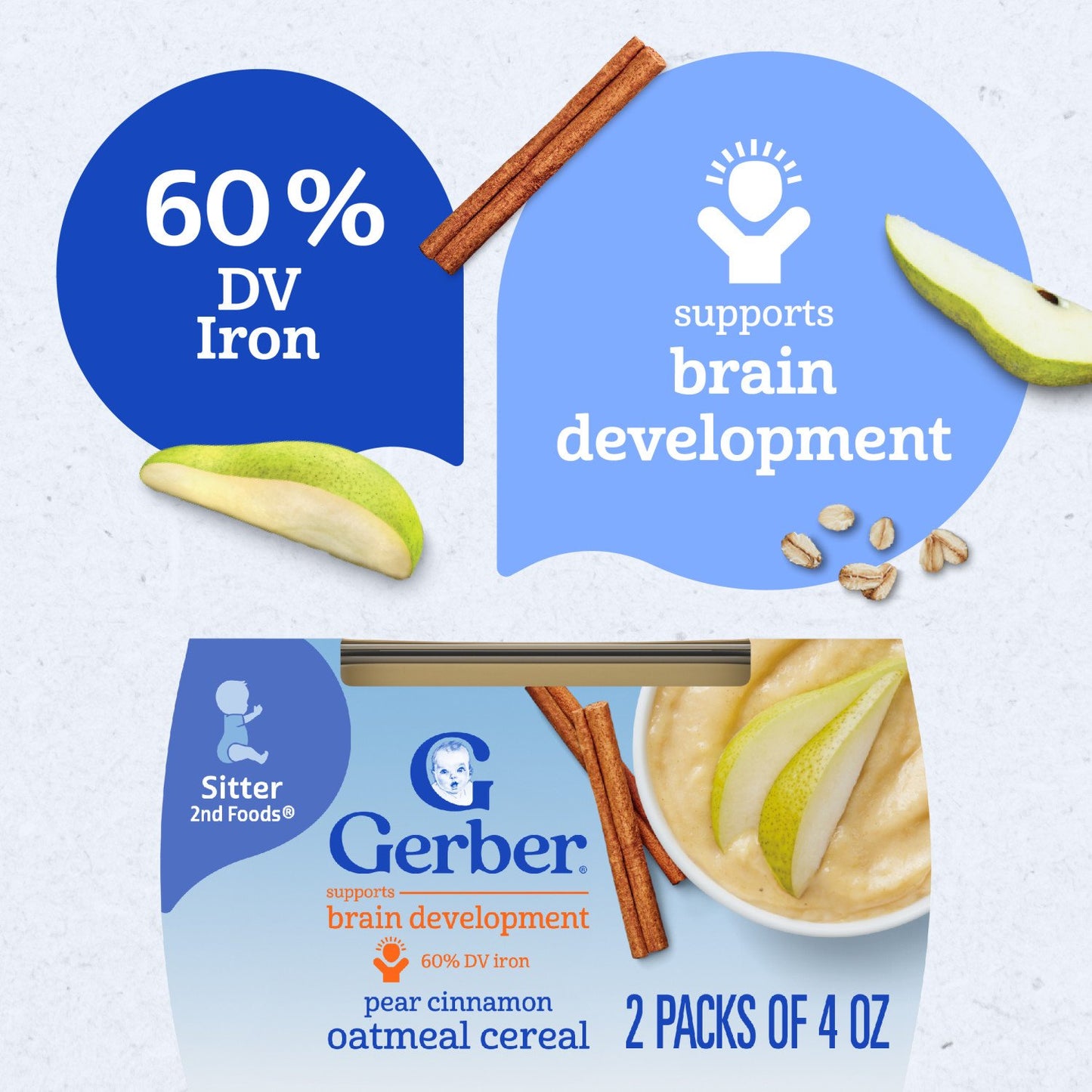Gerber Stage 2 Baby Food - Pear Cinnamon Oatmeal Cereal, 4 oz Tubs