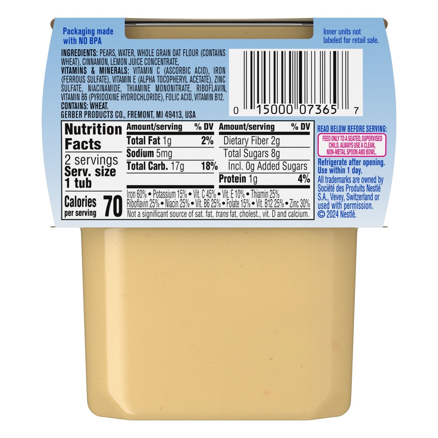 Gerber Stage 2 Baby Food - Pear Cinnamon Oatmeal Cereal, 4 oz Tubs