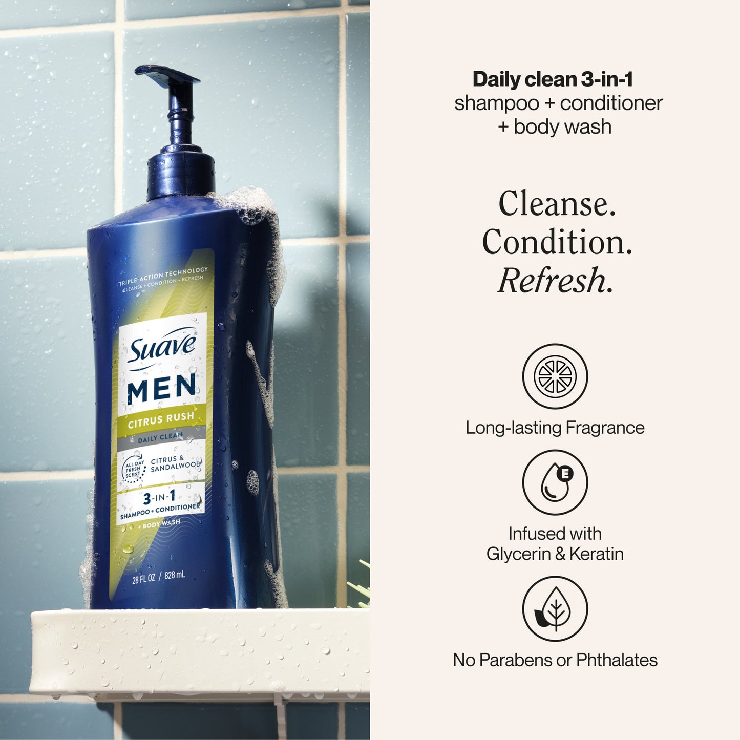 Suave Men 3-in-1 Shampoo, Conditioner & Body Wash - Citrus Rush