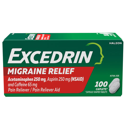 Excedrin Migraine Relief Caplets for Migraine Symptoms, Acetaminophen 250mg, Aspirin 250mg, Caffeine 65mg, Pain Reliever