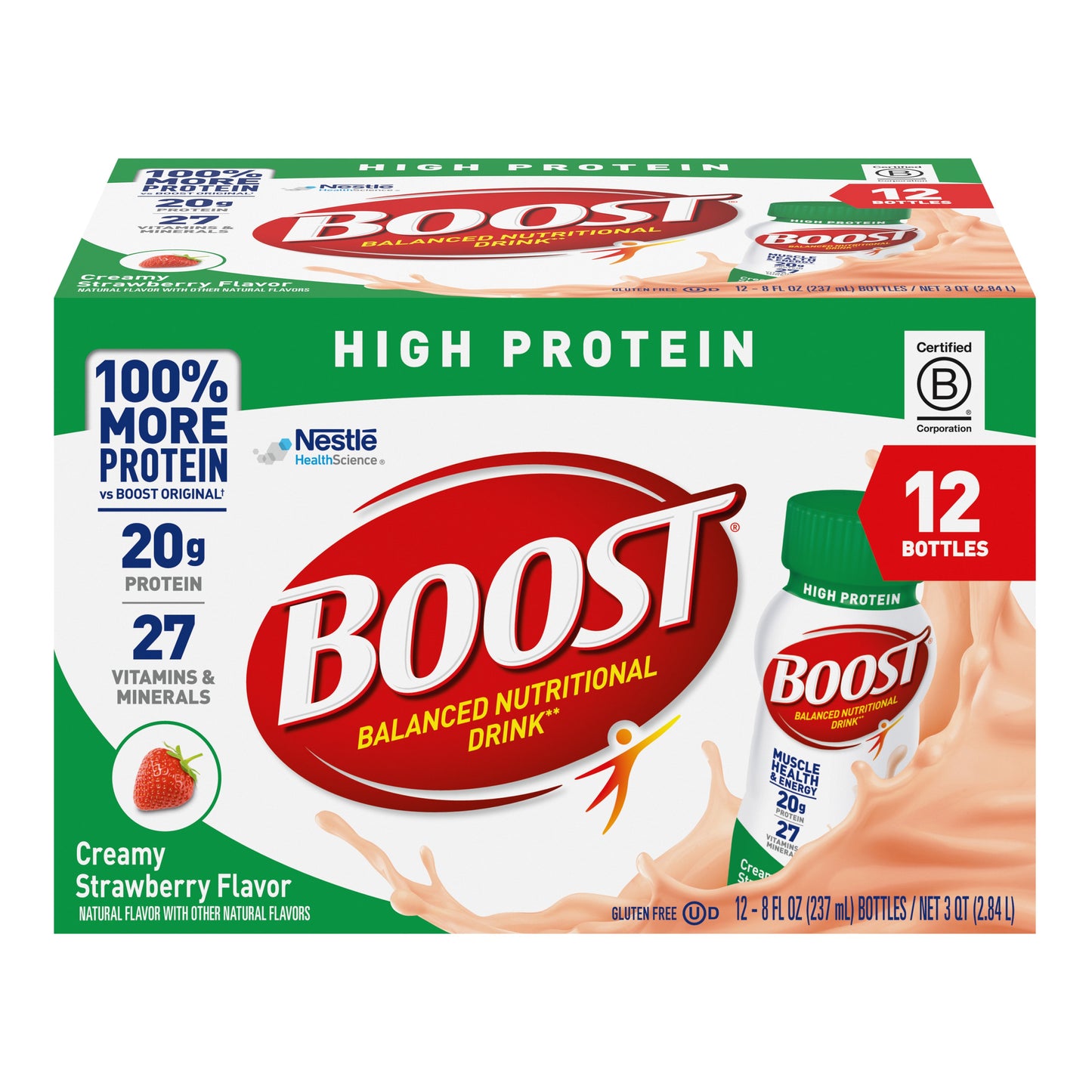 BOOST 20g Protein Nutritional Drinks 12 pk Bottles - Creamy Strawberry