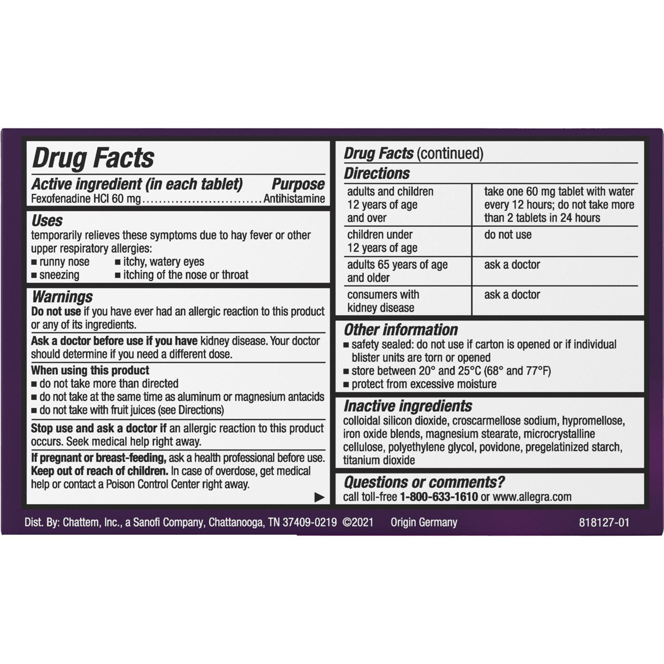 Allegra Adult 12 Hr Allergy Non-Drowsy Antihistamine Tablets
