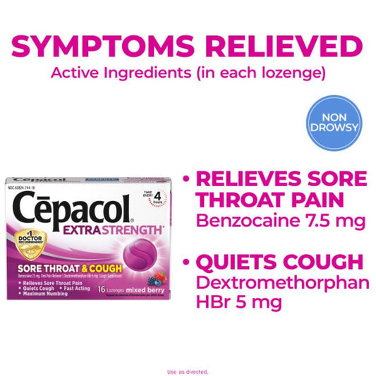 Cepacol Extra Strength Lozenges Sore Throat & Cough Mixed Berry