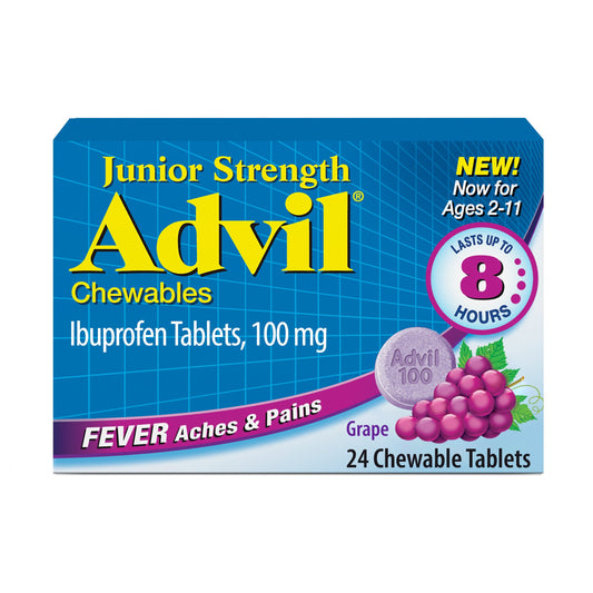 Advil Junior Strength Pain Reliever and Fever Reducer, Chewable Children's Ibuprofen for Pain Relief, Grape