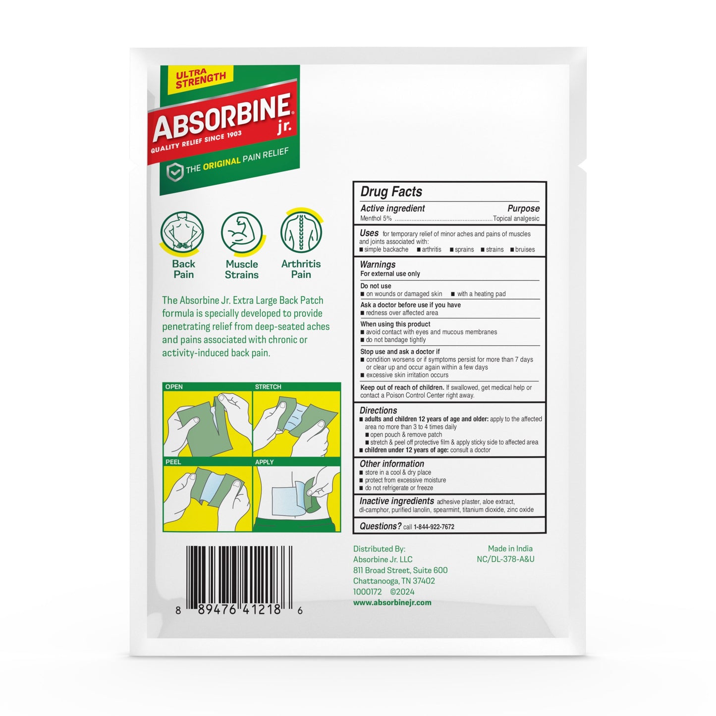 Absorbine Jr. Plus Pain Relief Back Patch XL