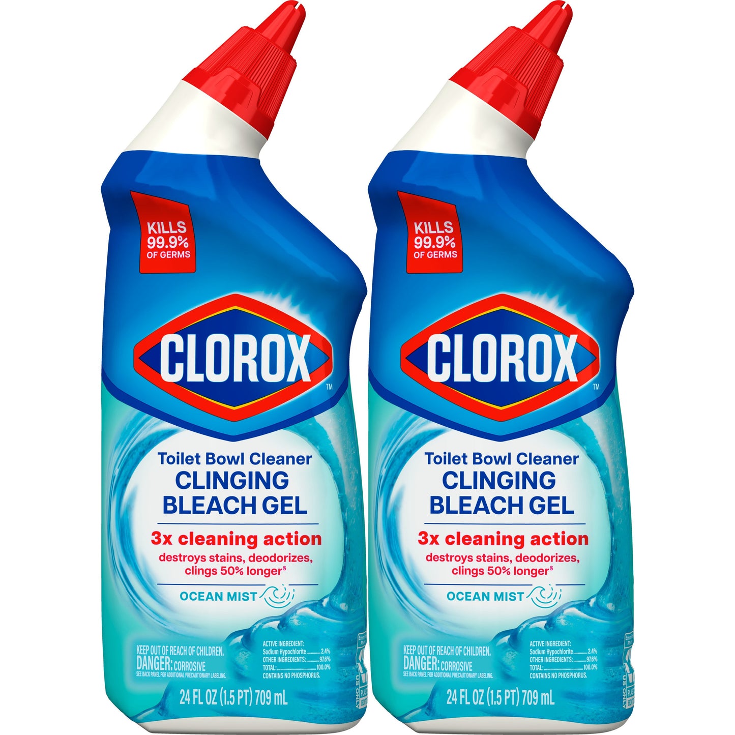 Clorox Toilet Bowl Cleaner, Clinging Bleach Gel - Ocean Mist, 24 oz