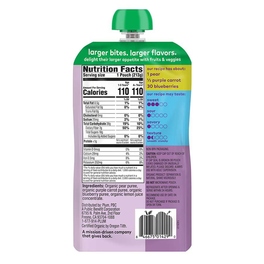 Plum Organics Baby Food Pouch - Pear, Purple Carrot +Blueberry