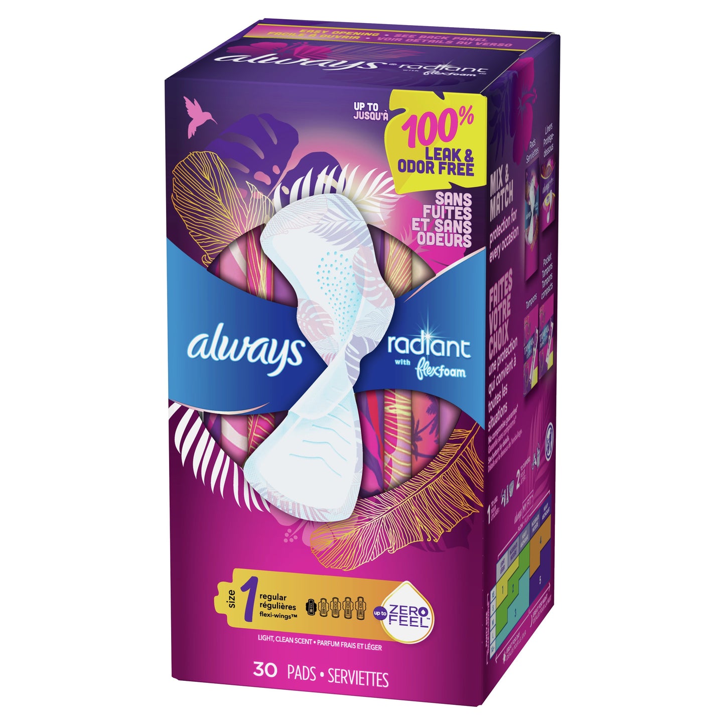 Always Radiant FlexFoam Pads Regular Absorbency, with Wings, Scented Size 1