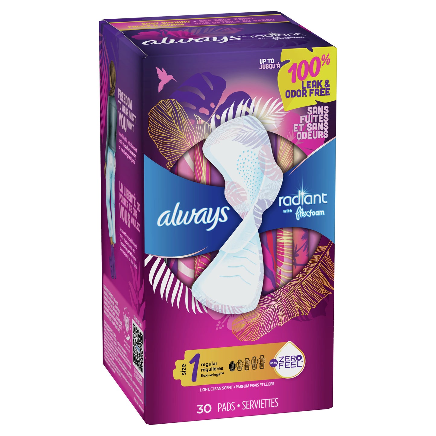 Always Radiant FlexFoam Pads Regular Absorbency, with Wings, Scented Size 1