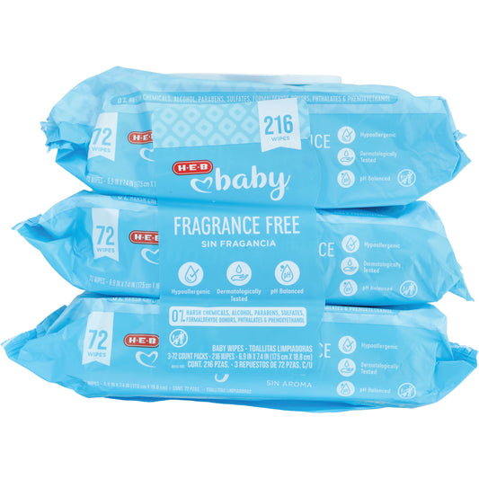 H-E-B Baby Wipes - Fragrance Free, 3 pk