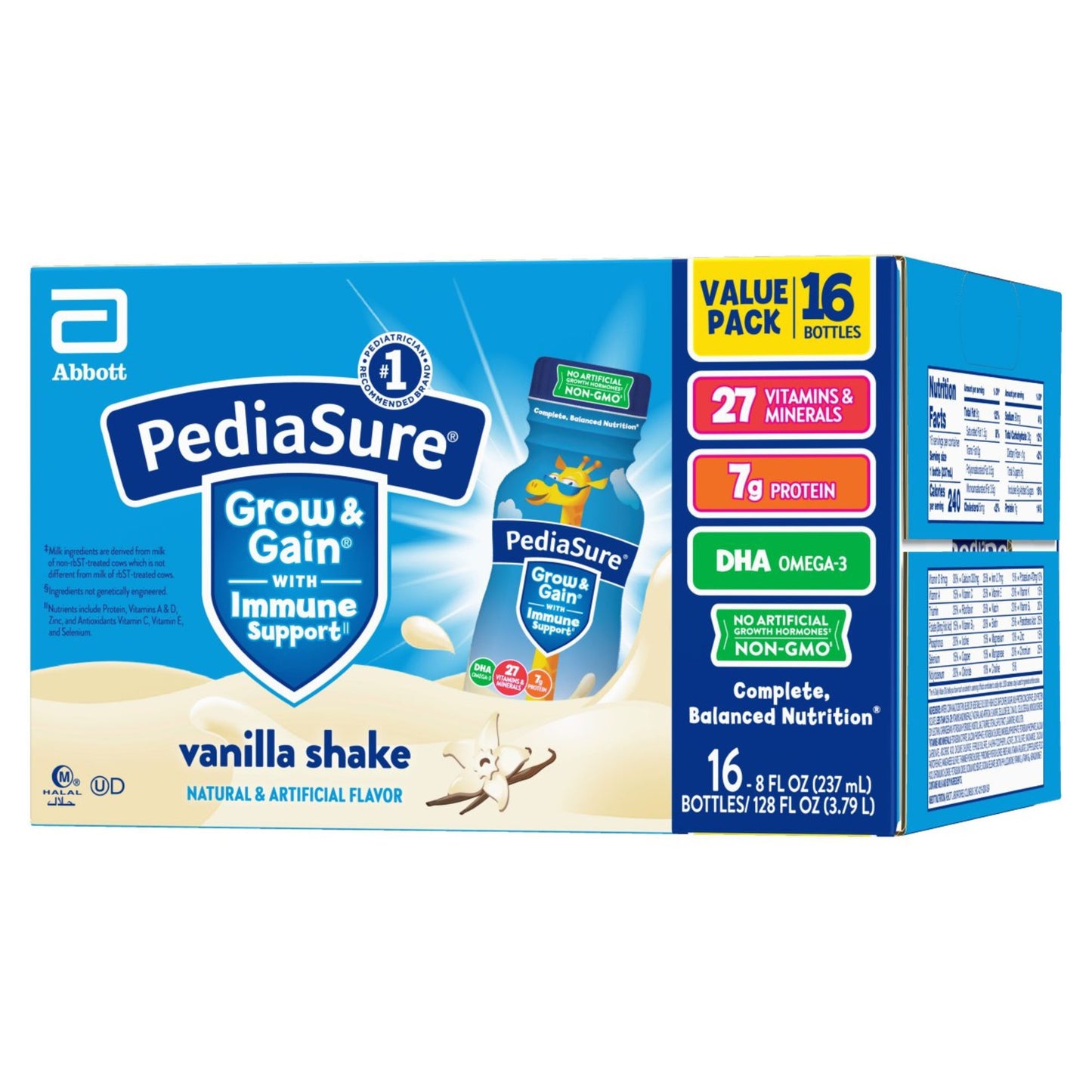 PediaSure Grow & Gain with Immune Support, Kids Protein Shake, 7g Protein, Vanilla 8-fl-oz Bottle