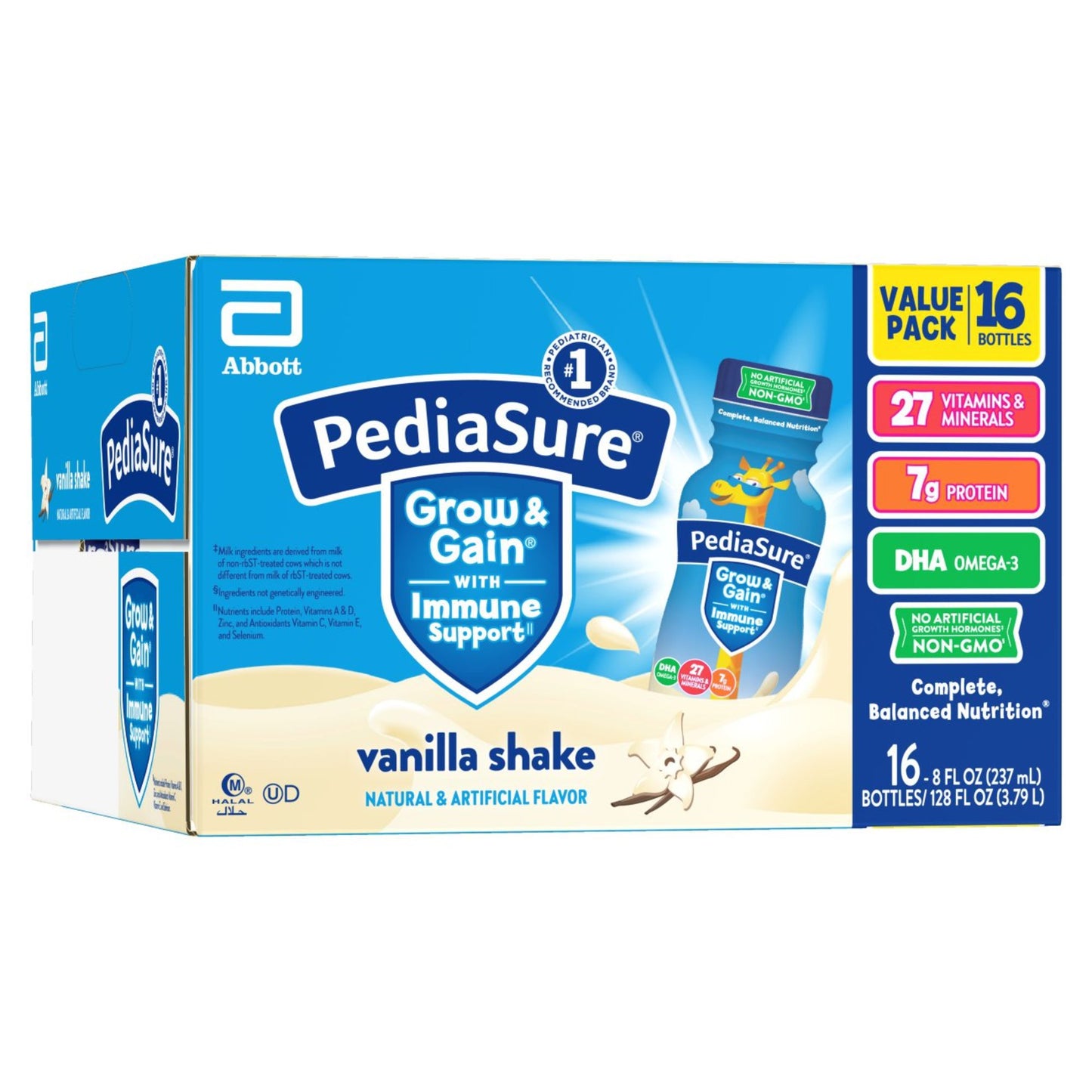 PediaSure Grow & Gain with Immune Support, Kids Protein Shake, 7g Protein, Vanilla 8-fl-oz Bottle