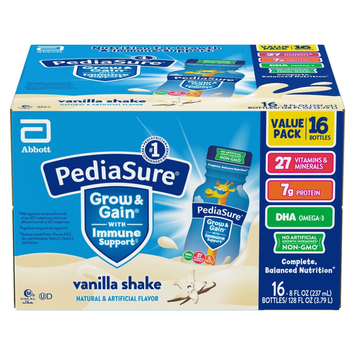 PediaSure Grow & Gain with Immune Support, Kids Protein Shake, 7g Protein, Vanilla 8-fl-oz Bottle