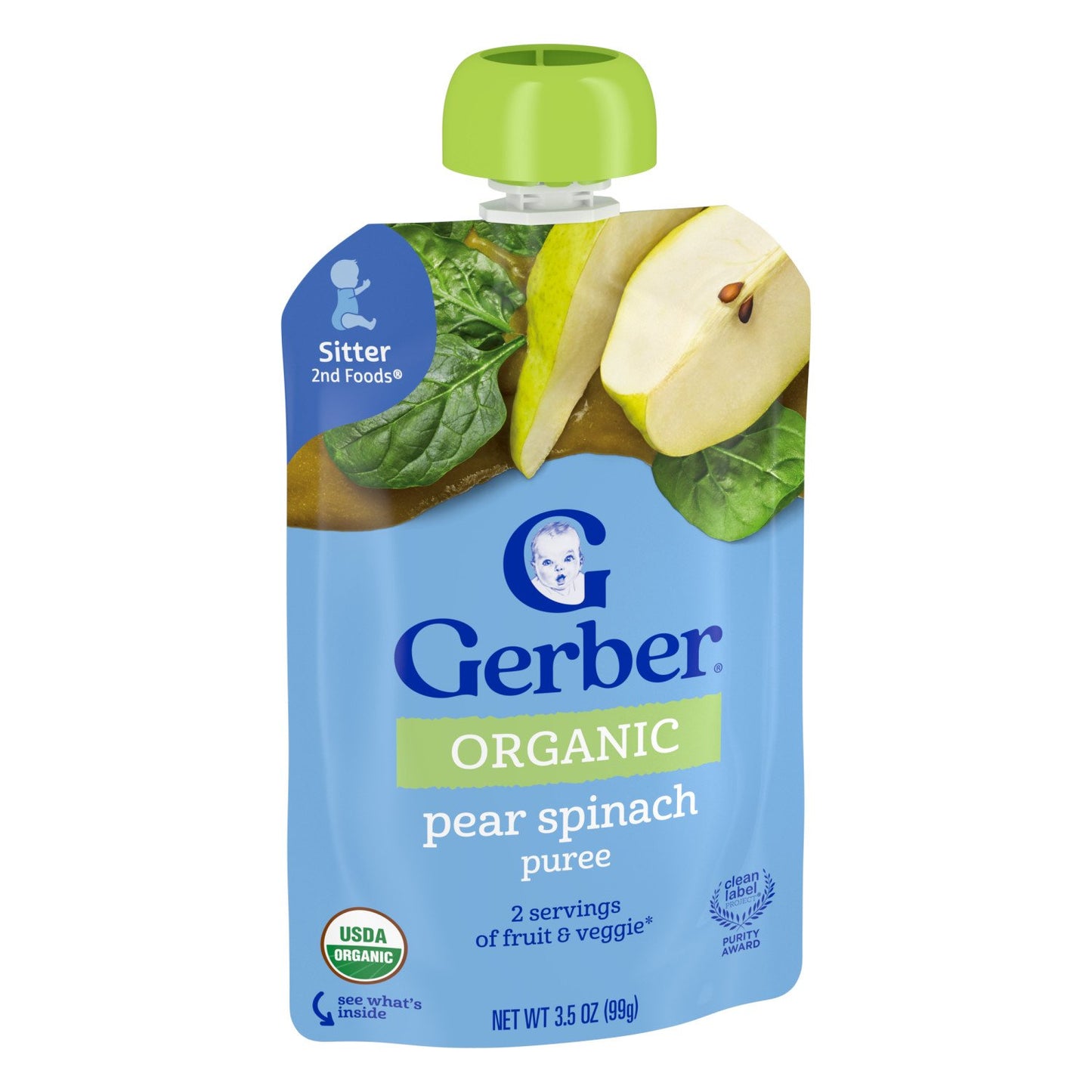 Gerber Stage 2 Baby Food Pouch - Organic Pear Spinach Puree