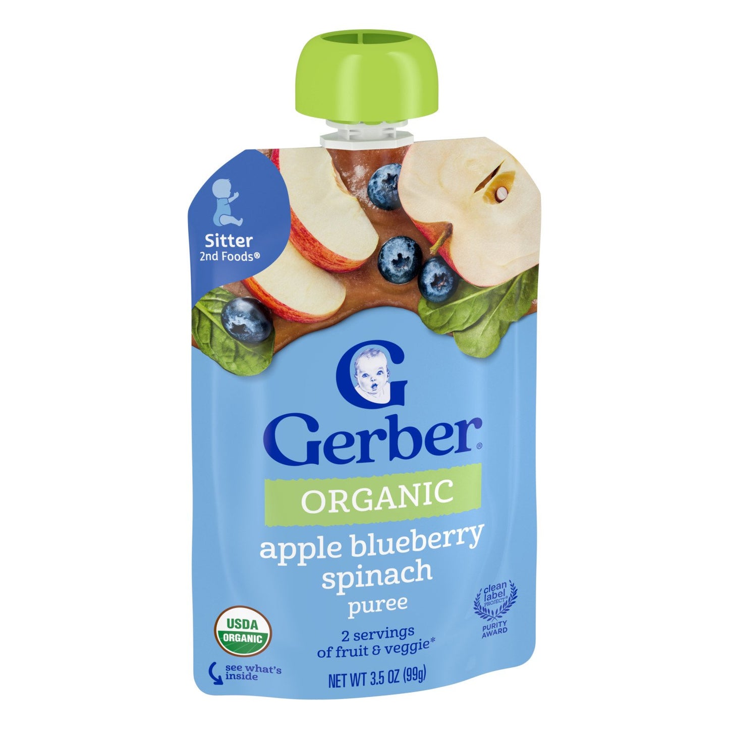 Gerber Stage 2 Baby Food Pouch - Organic Apple Blueberry Spinach Puree