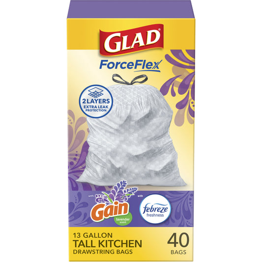 Glad ForceFlex Tall Kitchen Drawstring Trash Bags, 13 Gallon - Gain Lavender Scent with Febreze Freshness