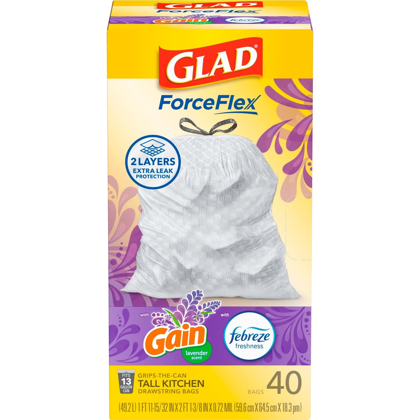 Glad ForceFlex Tall Kitchen Drawstring Trash Bags, 13 Gallon - Gain Lavender Scent with Febreze Freshness