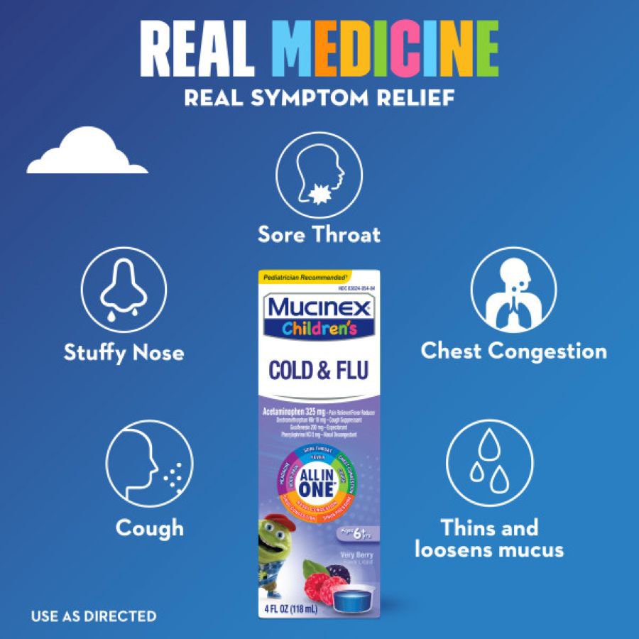 Mucinex Children’s Cold & Flu Multi-Symptom Relief, Very Berry Flavor