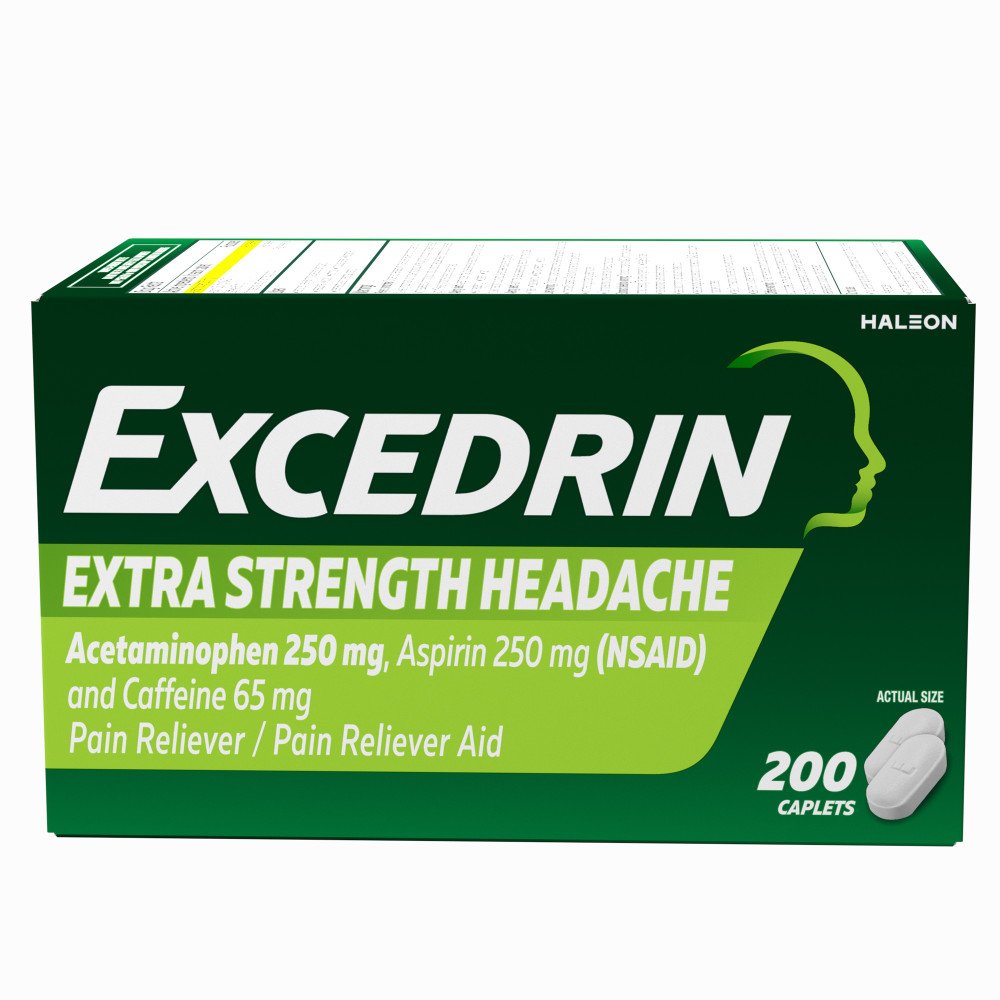 Excedrin Extra Strength Pain Relief Caplets for Headache Relief, Acetaminophen 250mg, Aspirin 250mg, Caffeine 65mg, Pain Reliever