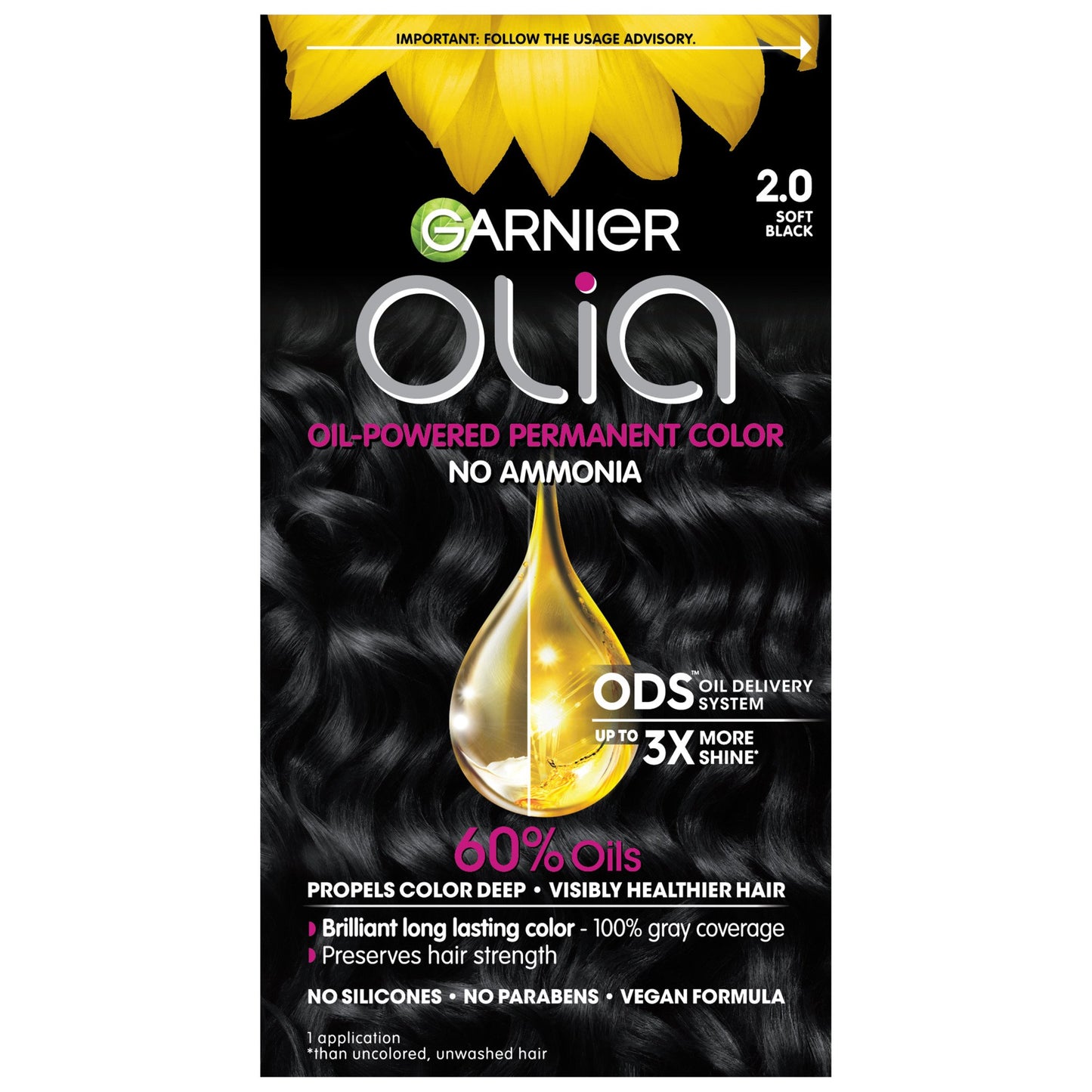 Garnier Olia Oil Powered Ammonia Free Permanent Hair Color 2.0 Soft Black