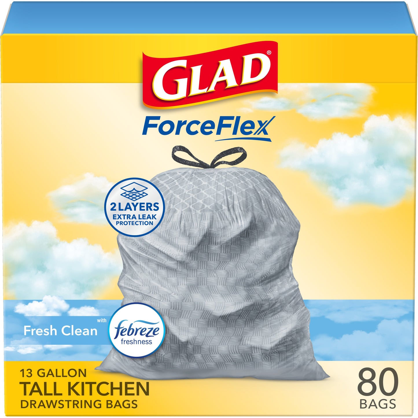 Glad ForceFlex Tall Kitchen Drawstring Trash Bags, 13 Gal - Gain Fresh Clean with Febreze