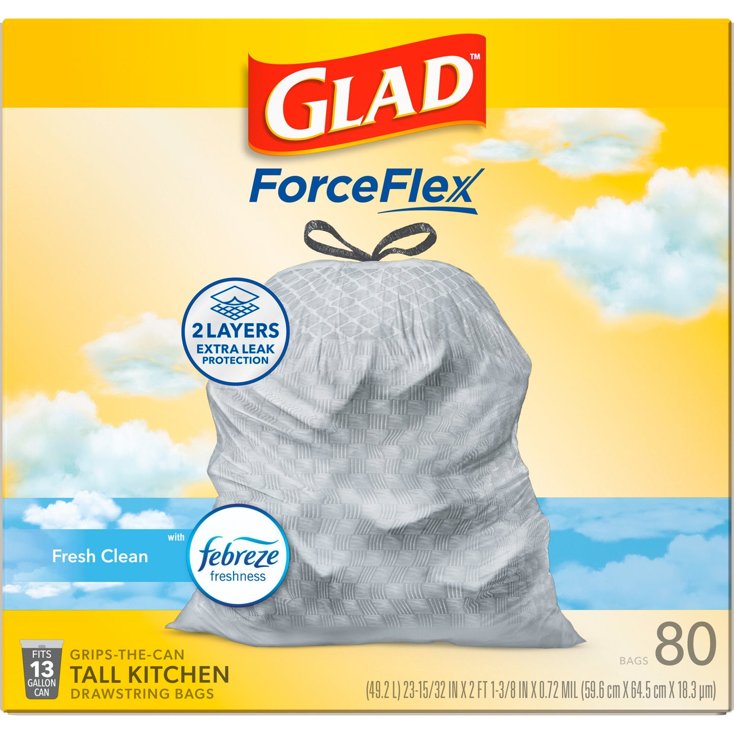 Glad ForceFlex Tall Kitchen Drawstring Trash Bags, 13 Gal - Gain Fresh Clean with Febreze