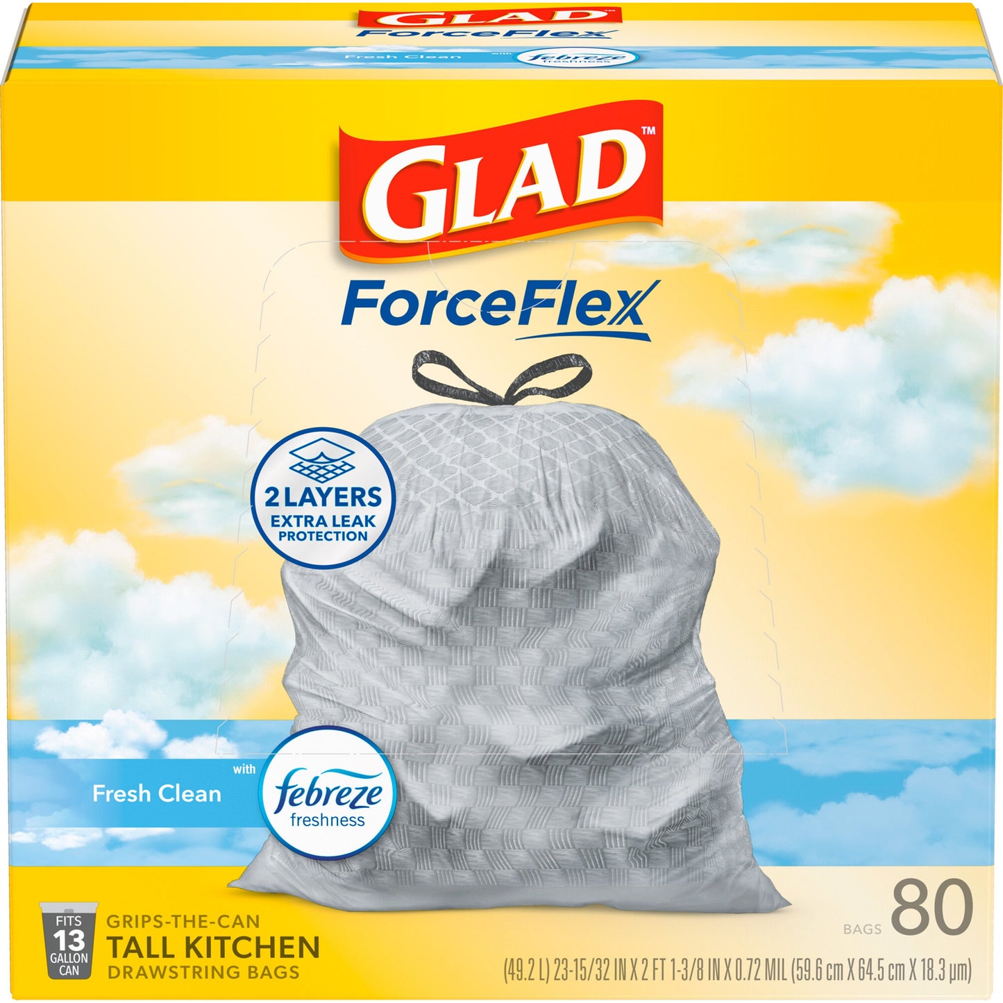 Glad ForceFlex Tall Kitchen Drawstring Trash Bags, 13 Gal - Gain Fresh Clean with Febreze