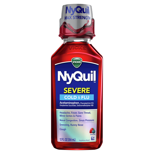 Vicks NyQuil SEVERE Cold & Flu Relief Liquid, Over-the-Counter Medicine, Powerful Multi-Symptom Nighttime Relief, Berry Flavor