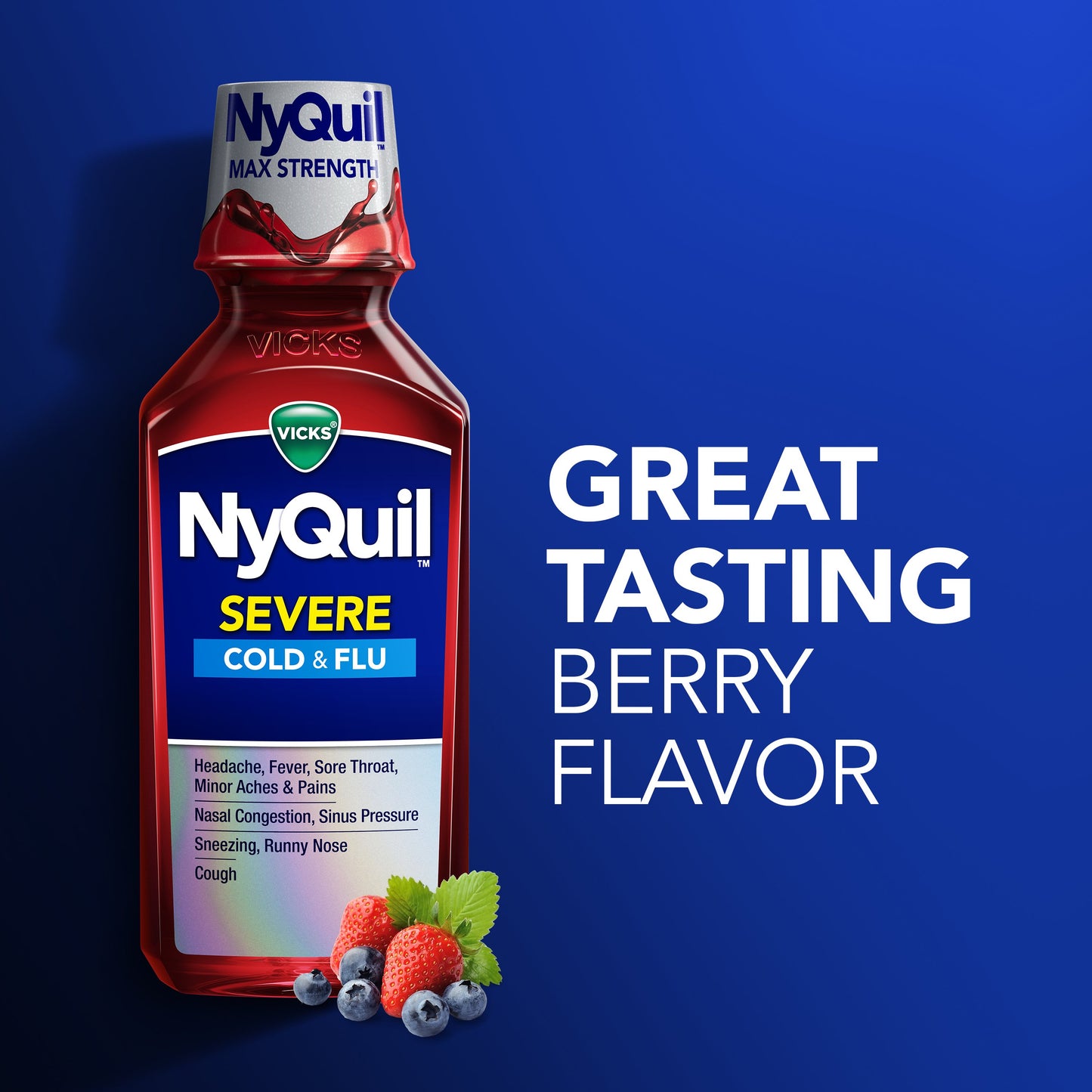 Vicks NyQuil SEVERE Cold & Flu Relief Liquid, Over-the-Counter Medicine, Powerful Multi-Symptom Nighttime Relief, Berry Flavor
