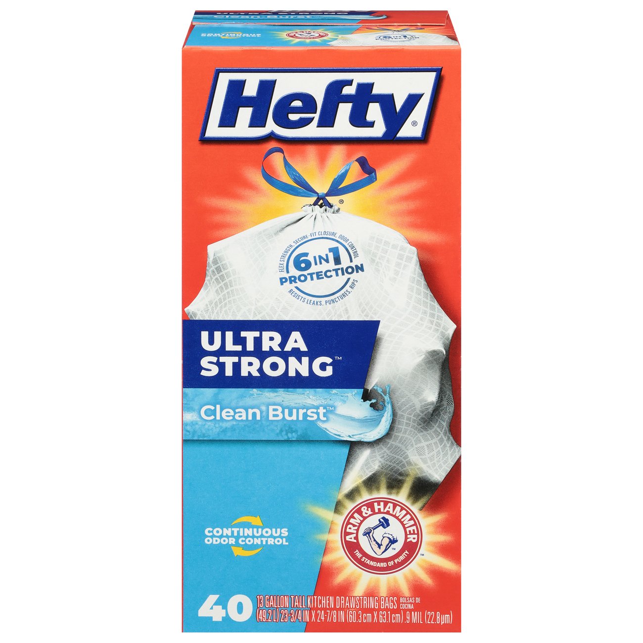 Hefty Ultra Strong Tall Kitchen Drawstring Trash Bags, 13 Gallon - Clean Burst Scent