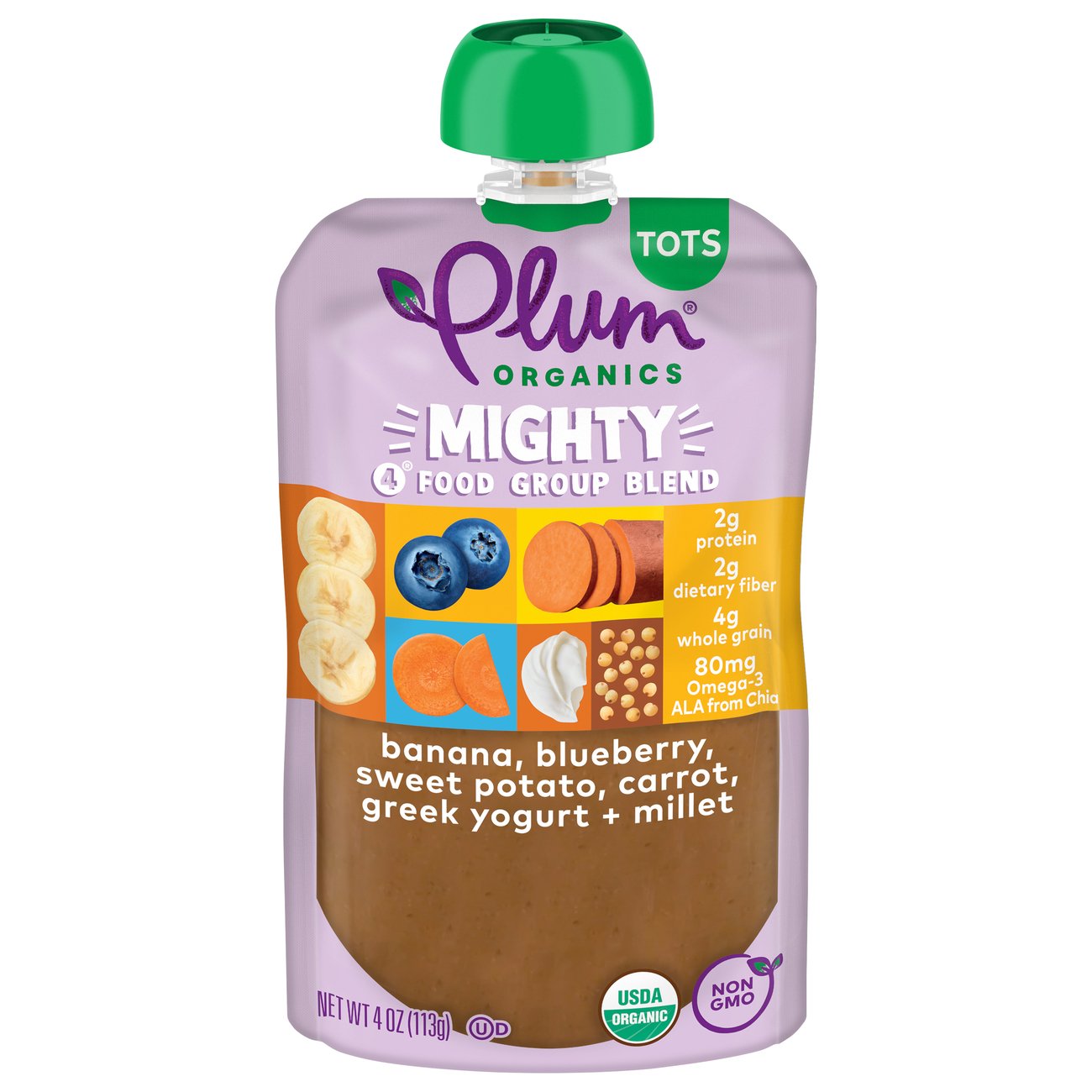 Plum Organics Mighty 4 Pouch - Banana, Blueberry, Sweet Potato, Carrot, Greek Yogurt +Millet