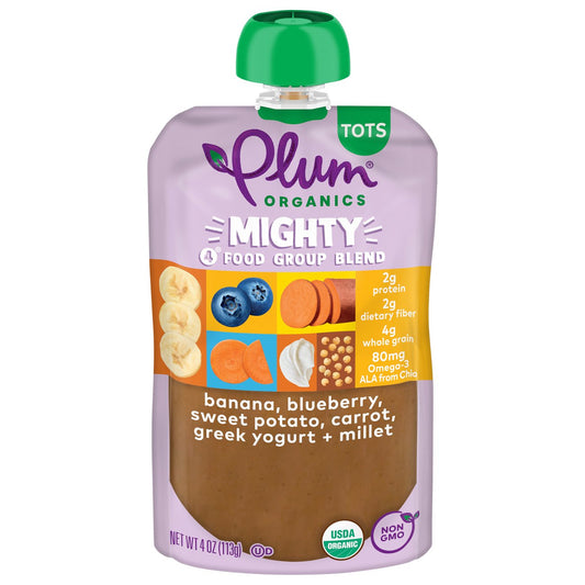 Plum Organics Mighty 4 Pouch - Banana, Blueberry, Sweet Potato, Carrot, Greek Yogurt +Millet