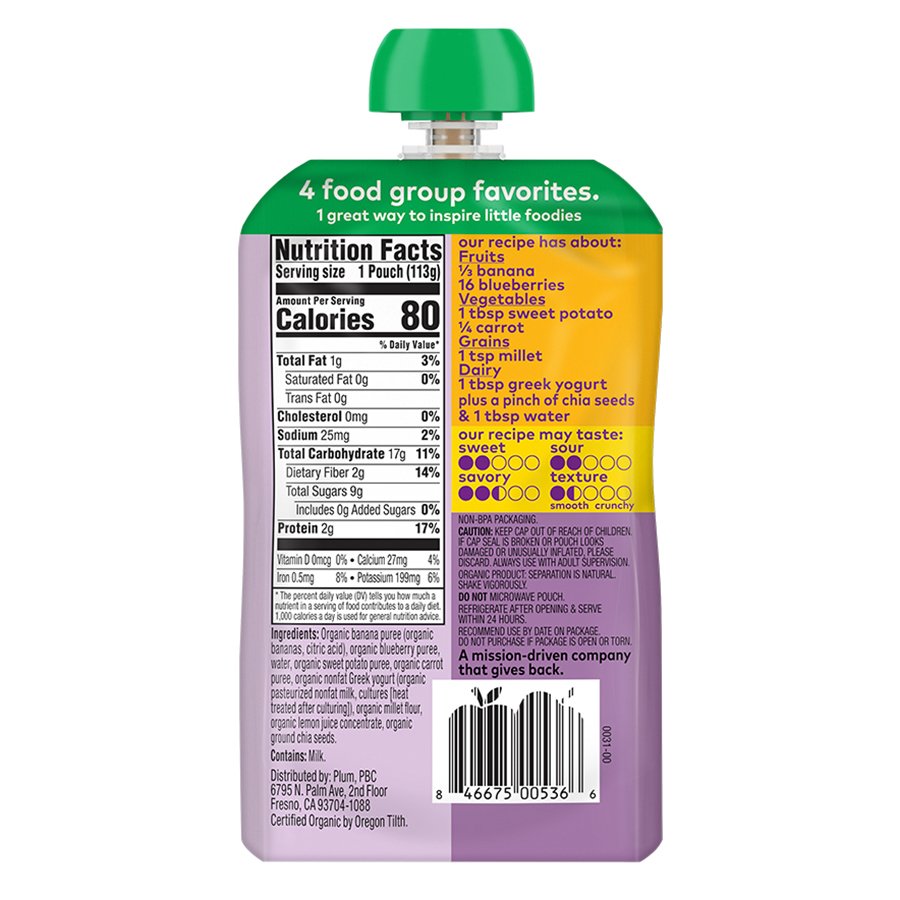 Plum Organics Mighty 4 Pouch - Banana, Blueberry, Sweet Potato, Carrot, Greek Yogurt +Millet