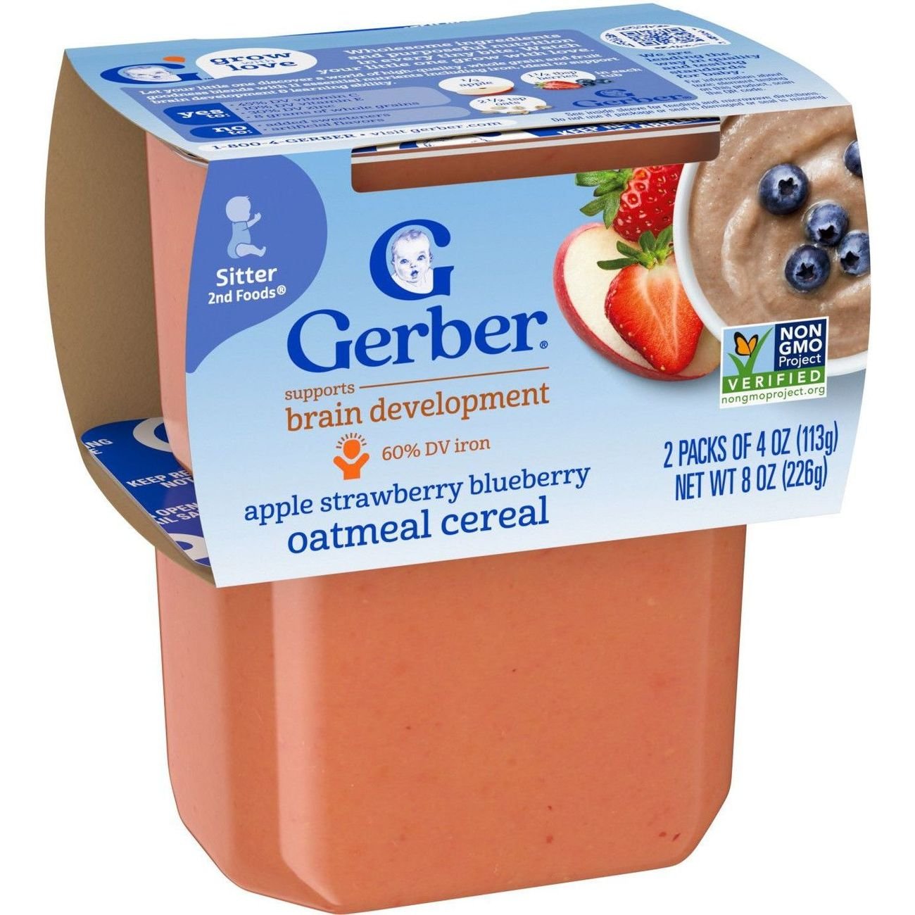 Gerber Stage 2 Baby Food - Apple Strawberry Blueberry Oatmeal Cereal, 4 oz Tubs