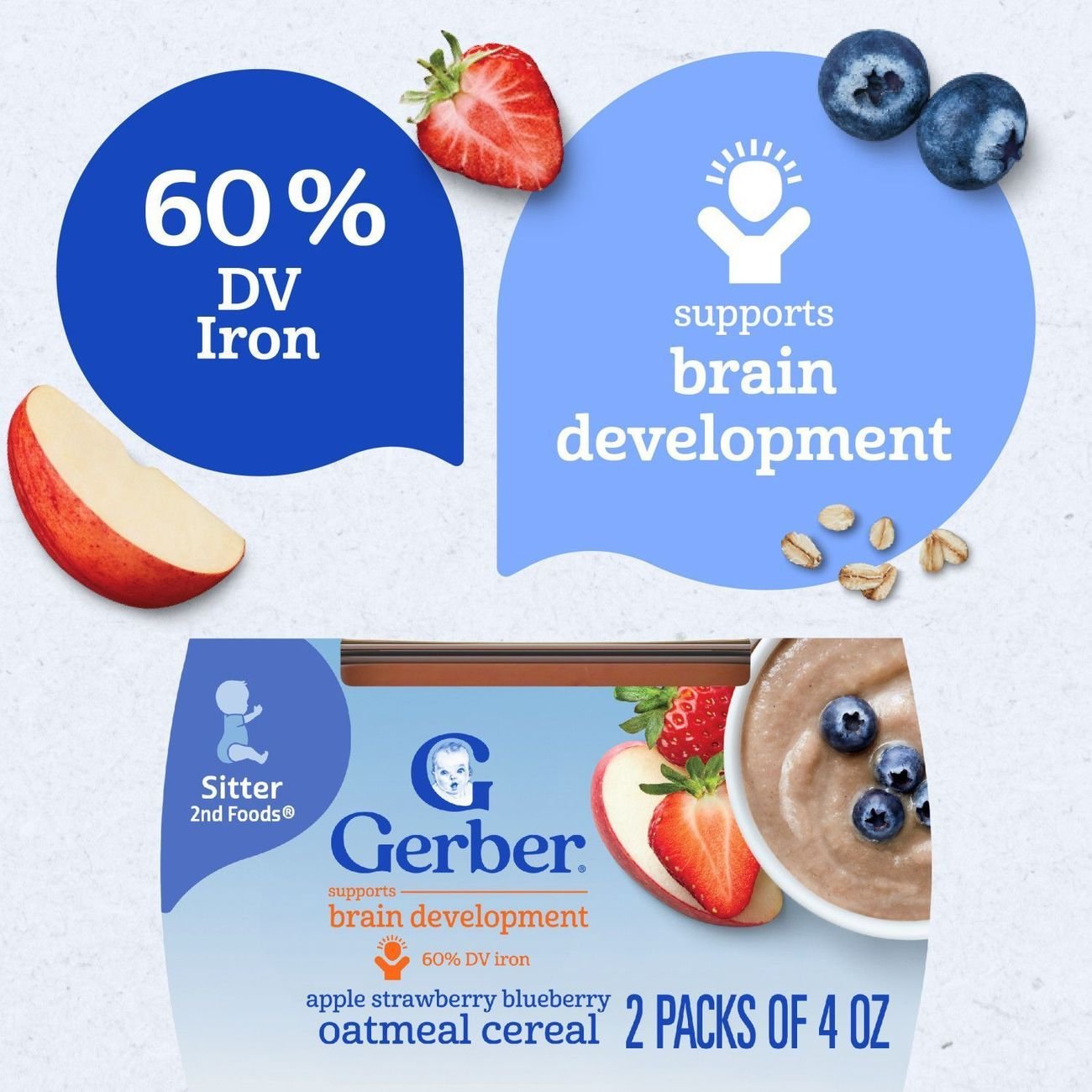 Gerber Stage 2 Baby Food - Apple Strawberry Blueberry Oatmeal Cereal, 4 oz Tubs