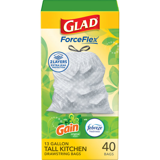 Glad ForceFlex Tall Kitchen Drawstring Trash Bags, 13 Gallon - Gain Original Scent with Febreze Freshness