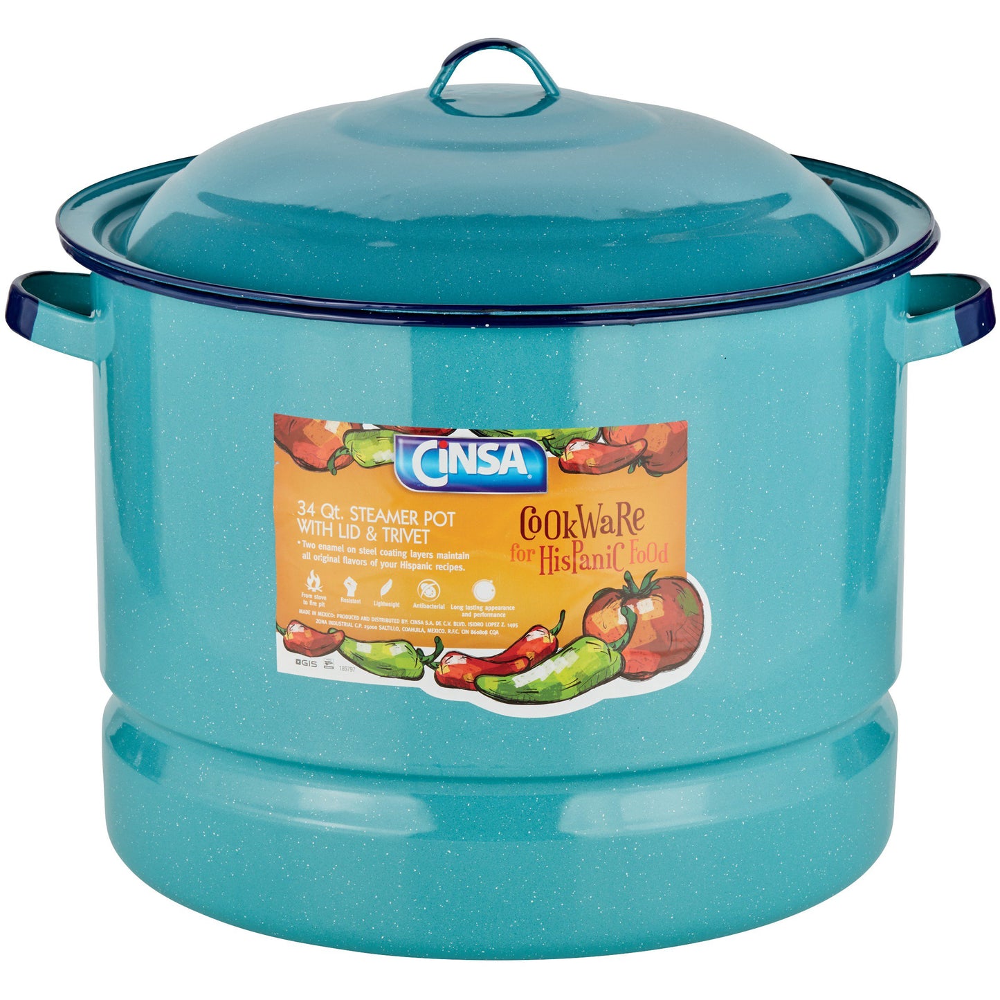 Cinsa Turquoise Blue Steamer Pot with Lid & Trivet