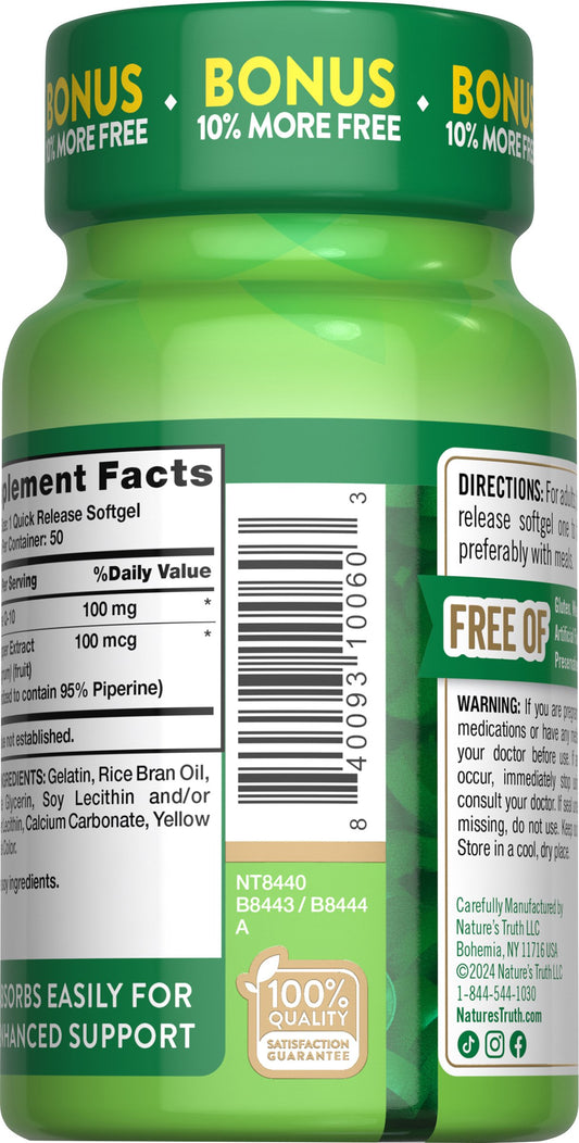 Nature's Truth Enhanced Absorption CoQ-10 100mg Quick-Release Softgels