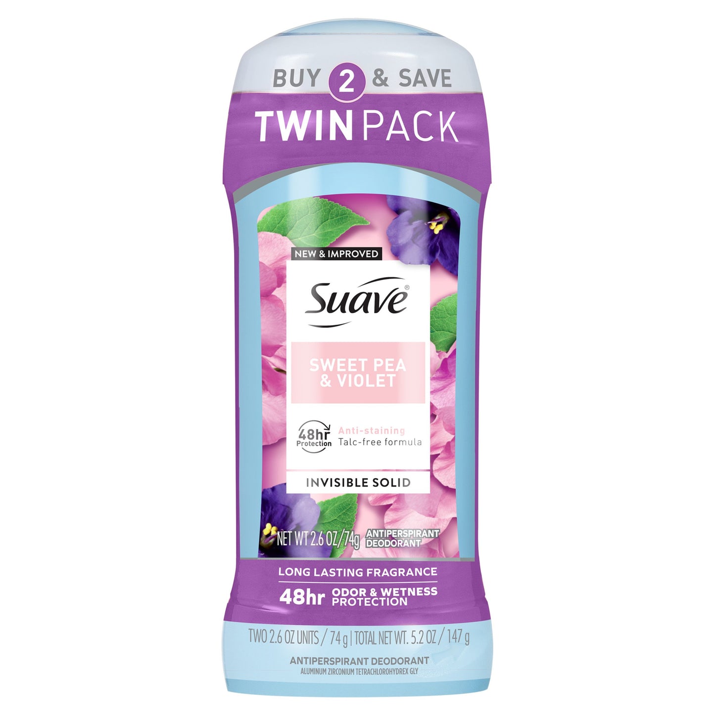 Suave  Antiperspirant Deodorant For Women, Invisible 48hr Protection - Sweet Pea & Violet, 2 pk