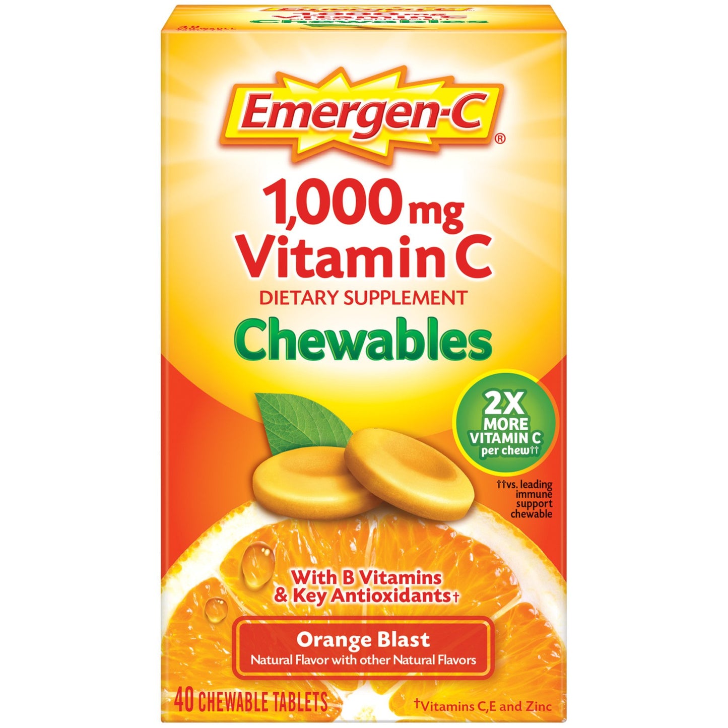 Emergen-C Chewable Vitamin C 1000mg, With B Vitamins and Antioxidants Tablet (Orange Blast Flavor), Dietary Supplement