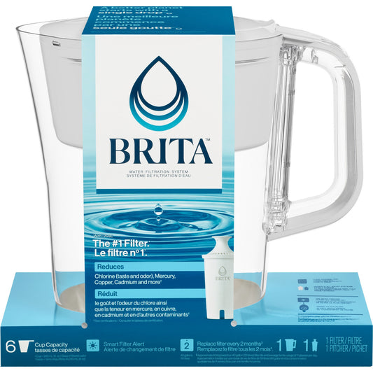 Brita Small 6 Cup Denali Water Filter Pitcher with 1 Brita Standard Filter, White