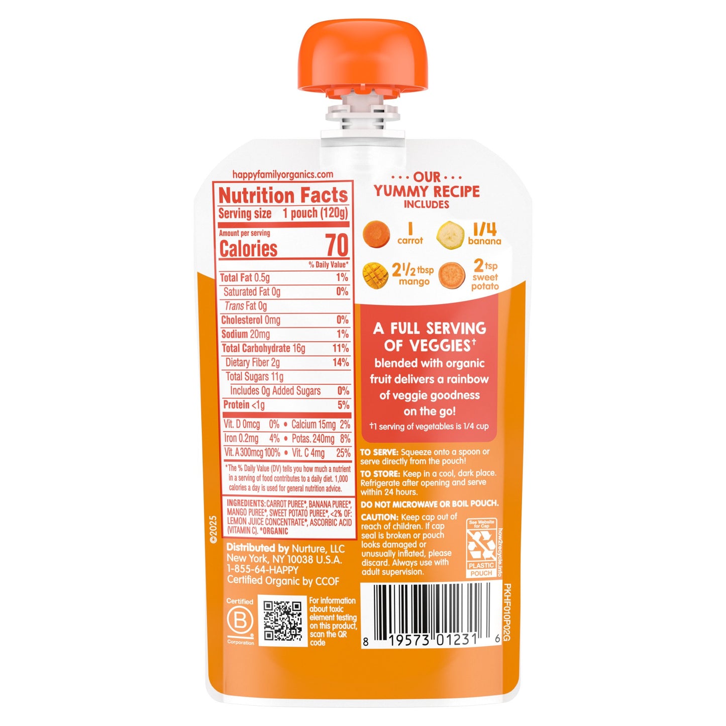 Happy Tot Organics Love My Veggies Pouch - Carrots Bananas Mangos & Sweet Potatoes