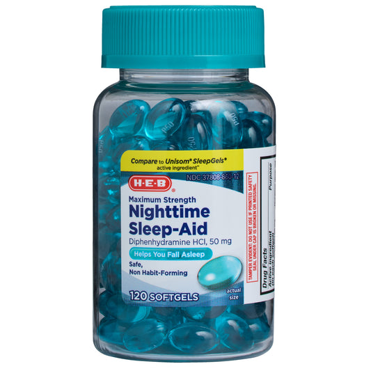 H-E-B Diphenhydramine Nighttime Sleep-Aid Softgels – 50 mg